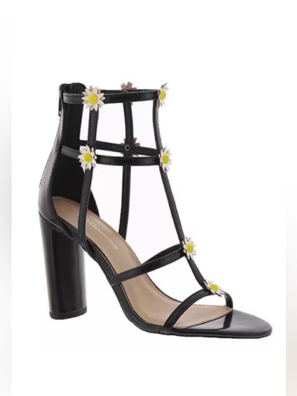 BCBGeneration Strappy Cage Style Black Block Heels W/ Daisy Flower Accents 7.5